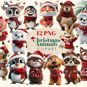 かわいいクリスマス動物クリップアートバンドル、昇華用 42 PNG ファイル、高解像度、インスタントデジタル PNG ダウンロード、商用利用、-228