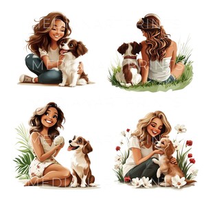 Puede incluir: Cuatro ilustraciones de mujeres con sus perros. La primera imagen muestra a una mujer con cabello casta&ntilde;o que lleva una camisa blanca y pantalones vaqueros azules sentada con un perro marr&oacute;n y blanco. La segunda imagen muestra a una mujer con cabello casta&ntilde;o largo que lleva un top blanco sin mangas y pantalones vaqueros azules sentada con un perro marr&oacute;n y blanco. La tercera imagen muestra a una mujer con cabello casta&ntilde;o que lleva un vestido floral sentada con un perro marr&oacute;n y blanco. La cuarta imagen muestra a una mujer con cabello rubio que lleva una camisa blanca y pantalones vaqueros azules sentada con un perro marr&oacute;n y blanco.
