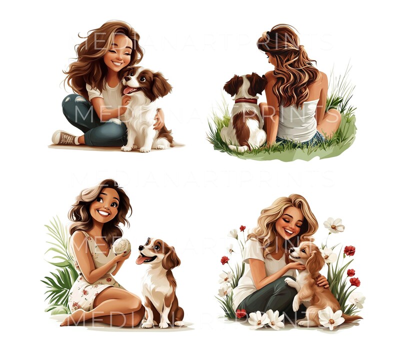 Puede incluir: Cuatro ilustraciones de mujeres con sus perros. La primera imagen muestra a una mujer con cabello casta&ntilde;o que lleva una camisa blanca y pantalones vaqueros azules sentada con un perro marr&oacute;n y blanco. La segunda imagen muestra a una mujer con cabello casta&ntilde;o largo que lleva un top blanco sin mangas y pantalones vaqueros azules sentada con un perro marr&oacute;n y blanco. La tercera imagen muestra a una mujer con cabello casta&ntilde;o que lleva un vestido floral sentada con un perro marr&oacute;n y blanco. La cuarta imagen muestra a una mujer con cabello rubio que lleva una camisa blanca y pantalones vaqueros azules sentada con un perro marr&oacute;n y blanco.