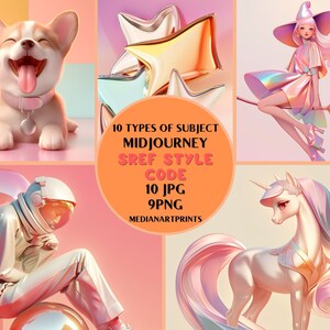 May include: A digital art collage featuring 10 different subjects in a pastel pink and iridescent color scheme. The subjects include a cartoon dog, a unicorn, a witch, an astronaut, and a star. The text "10 TYPES OF SUBJECT MIDJOURNEY SREF STYLE CODE 10 JPG 9PNG MEDIANARTPRINTS" is displayed in the center of the collage.
