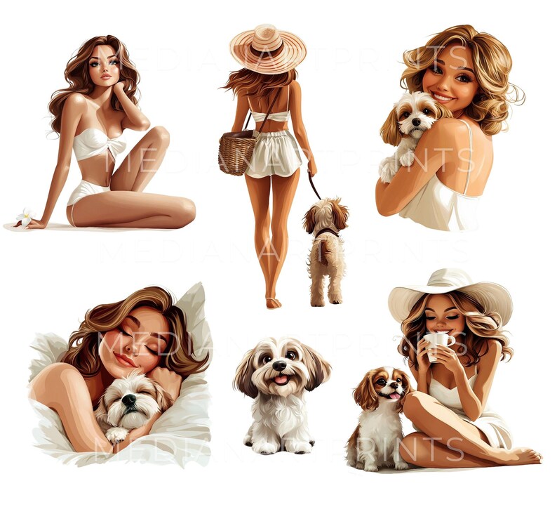 Puede incluir: Una ilustraci&oacute;n digital de cuatro mujeres con sus perros. Las mujeres llevan vestidos y sombreros blancos. Los perros son peque&ntilde;os y blancos. Las mujeres sonr&iacute;en y sostienen a sus perros. El fondo es blanco.