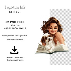 Puede incluir: Una ilustraci&oacute;n digital de una mujer con cabello casta&ntilde;o y un vestido blanco leyendo un libro con un peque&ntilde;o perro blanco en sus brazos. El fondo es transparente.