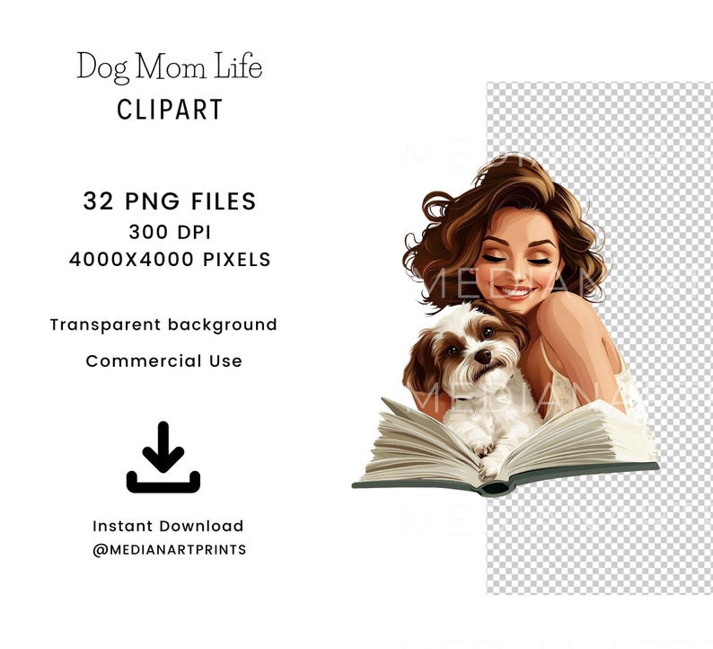 Puede incluir: Una ilustraci&oacute;n digital de una mujer con cabello casta&ntilde;o y un vestido blanco leyendo un libro con un peque&ntilde;o perro blanco en sus brazos. El fondo es transparente.