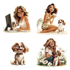 Puede incluir: Cuatro ilustraciones con mujeres y perros. La primera imagen muestra a una mujer con cabello casta&ntilde;o que lleva gafas y un top blanco sin mangas sentada en una computadora con un perro marr&oacute;n y blanco sentado a su lado. La segunda imagen muestra a una mujer con cabello casta&ntilde;o largo que lleva un top blanco sin mangas y una falda floral sentada en el suelo con un perro marr&oacute;n y blanco de pie a su lado. La tercera imagen muestra a un perro marr&oacute;n y blanco sentado sobre un fondo blanco. La cuarta imagen muestra a una mujer con cabello rubio largo que lleva una camiseta blanca y pantalones vaqueros azules sentada en el suelo con un perro marr&oacute;n y blanco sentado a su lado en un campo de margaritas blancas.