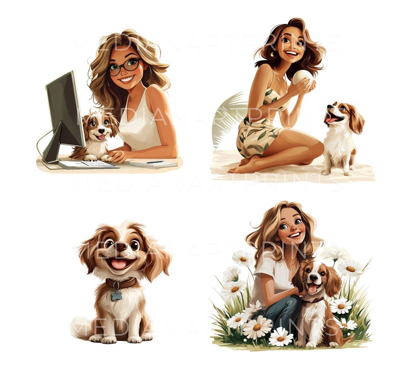 Puede incluir: Cuatro ilustraciones con mujeres y perros. La primera imagen muestra a una mujer con cabello casta&ntilde;o que lleva gafas y un top blanco sin mangas sentada en una computadora con un perro marr&oacute;n y blanco sentado a su lado. La segunda imagen muestra a una mujer con cabello casta&ntilde;o largo que lleva un top blanco sin mangas y una falda floral sentada en el suelo con un perro marr&oacute;n y blanco de pie a su lado. La tercera imagen muestra a un perro marr&oacute;n y blanco sentado sobre un fondo blanco. La cuarta imagen muestra a una mujer con cabello rubio largo que lleva una camiseta blanca y pantalones vaqueros azules sentada en el suelo con un perro marr&oacute;n y blanco sentado a su lado en un campo de margaritas blancas.