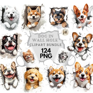 Dog In Wall Hole Clipart Bundle,124 PNG Files With Transparent Background,56 Dog Breeds,3D Sublimation Designs,Commercial Use,-232