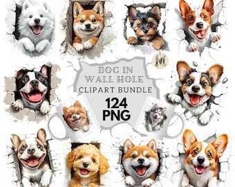 Imágenes prediseñadas de razas de perros: diseños PNG de agujeros de pared en 3D (uso comercial)
