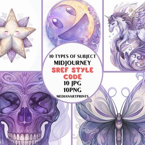 May include: A collection of 10 digital art images in a purple and white color scheme. The images include a smiling star, a crescent moon, a unicorn, a skull, and a butterfly. The text "10 TYPES OF SUBJECT MIDJOURNEY SREF STYLE CODE 10 JPG 10 PNG MEDIANARTPRINTS" is displayed in the center of the image.