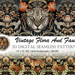 May include: A set of 20 digital seamless patterns featuring vintage floral and fauna designs. The patterns include leopards, tigers, and sunflowers on a dark background. The patterns are 30.5 cm by 30.5 cm and 300 DPI.