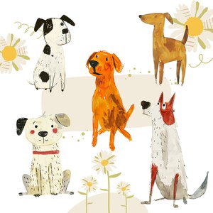 Puede incluir: Cinco ilustraciones de acuarela de perros en varias poses. Los perros son un perro manchado de blanco y negro, un perro marr&oacute;n y blanco, un perro blanco y marr&oacute;n, un perro naranja y un perro blanco con acentos rojos. Los perros est&aacute;n todos sobre un fondo blanco con flores.