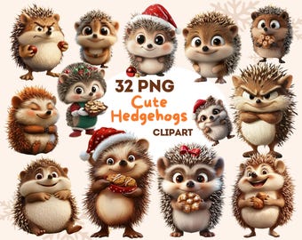 Niedliche Igel Clipart, 32 PNG-Dateien, hochwertige Illustration, Sublimationsdesigns, transparenter Hintergrund, Weihnachtsthema, kommerzielle Nutzung, -223