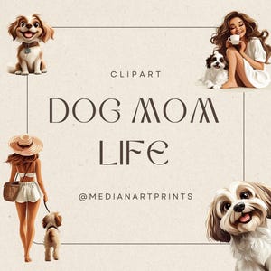 Puede incluir: Una ilustraci&oacute;n digital de una mujer con cabello casta&ntilde;o y un vestido blanco sosteniendo una taza de caf&eacute;. Est&aacute; sentada en el suelo con un peque&ntilde;o perro blanco. El texto "DOG MOM LIFE" est&aacute; escrito en marr&oacute;n con un contorno blanco. El texto "@MEDIANARTPRINTS" est&aacute; escrito en marr&oacute;n m&aacute;s peque&ntilde;o debajo del texto principal. El fondo es marr&oacute;n claro.