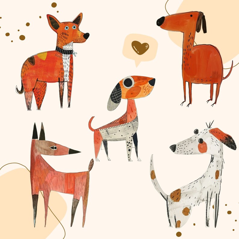 Puede incluir: Cinco perros ilustrados en varias poses. Los perros son de diferentes colores y tienen patrones &uacute;nicos. Los perros est&aacute;n sobre un fondo blanco.
