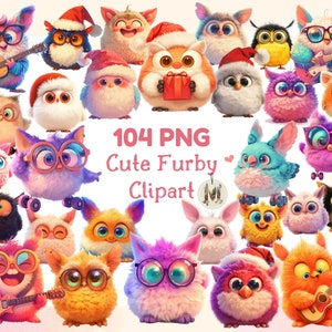 Może przedstawiać: Kolekcja 104 kolorowych, kresk&oacute;wkowych postaci Furby z r&oacute;żnymi wyrażeniami i dodatkami. Furbies są przedstawione w r&oacute;żnych pozach, w tym grając na instrumentach muzycznych, nosząc okulary i trzymając prezenty. Tekst "104 PNG Cute Furby Clipart" jest wyświetlany w środku obrazu.