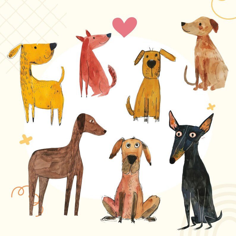 Puede incluir: Una ilustraci&oacute;n de acuarela de ocho perros en varias poses. Los perros son de diferentes razas y colores, y todos miran al espectador. La ilustraci&oacute;n est&aacute; sobre un fondo blanco con un coraz&oacute;n rosa en el centro.