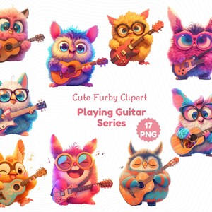 Może przedstawiać: Zestaw 17 cyfrowych obraz&oacute;w clipart przedstawiających urocze, kolorowe, kresk&oacute;wkowe postaci Furby grające na gitarach. Postacie Furby są w r&oacute;żnych pozach i mają r&oacute;żne kolory futra, oczu i ubrań. Gitary r&oacute;wnież są w r&oacute;żnych kolorach i stylach. Tekst "Cute Furby Clipart Playing Guitar Series 17 PNG" jest wyświetlany w środku obrazu.