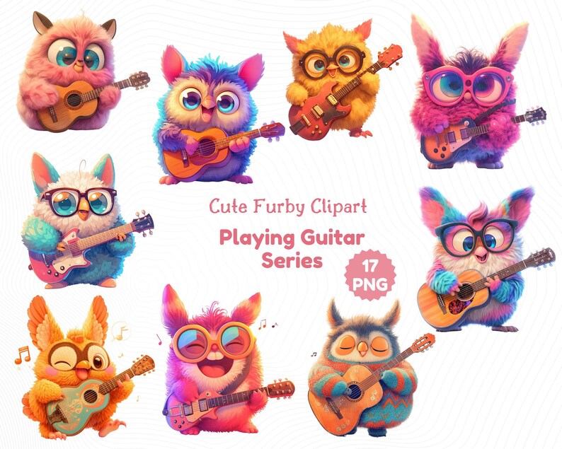 Może przedstawiać: Zestaw 17 cyfrowych obraz&oacute;w clipart przedstawiających urocze, kolorowe, kresk&oacute;wkowe postaci Furby grające na gitarach. Postacie Furby są w r&oacute;żnych pozach i mają r&oacute;żne kolory futra, oczu i ubrań. Gitary r&oacute;wnież są w r&oacute;żnych kolorach i stylach. Tekst "Cute Furby Clipart Playing Guitar Series 17 PNG" jest wyświetlany w środku obrazu.