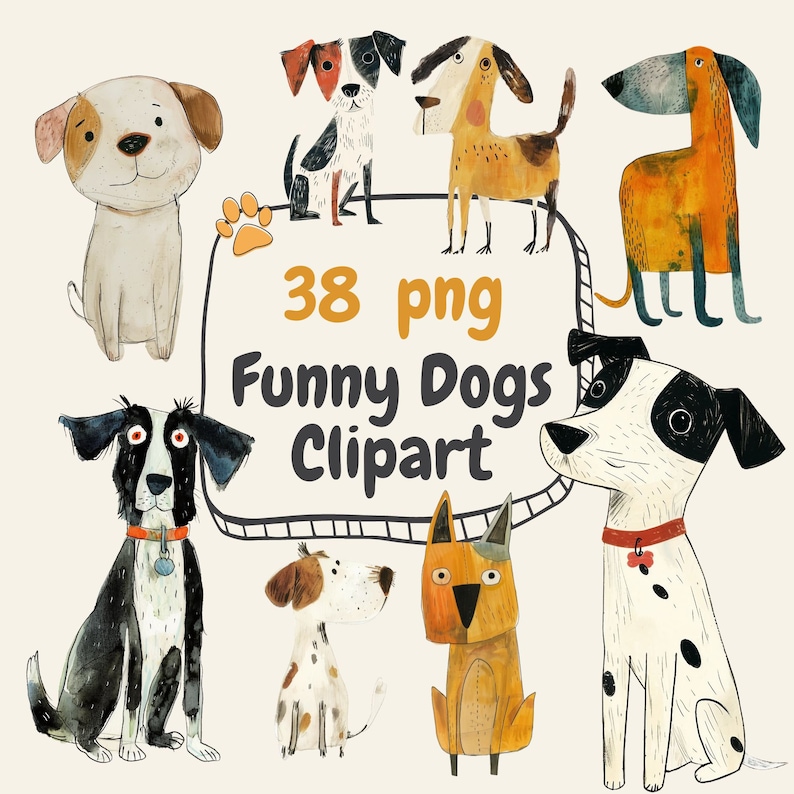 Puede incluir: Un conjunto de 38 ilustraciones digitales de perros divertidos en varias poses y expresiones. Los perros est&aacute;n dibujados en un estilo de dibujos animados con texturas de acuarela. Las ilustraciones son perfectas para crear tarjetas de felicitaci&oacute;n, invitaciones, scrapbooking y otros proyectos de manualidades.