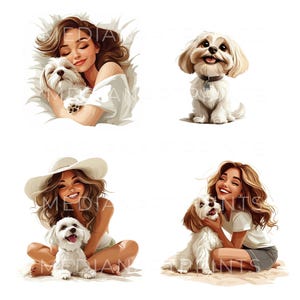 Puede incluir: Cuatro ilustraciones de mujeres con sus perros. La primera imagen muestra a una mujer con cabello largo y casta&ntilde;o durmiendo con su perro blanco. La segunda imagen muestra a un perro blanco sentado con la lengua afuera. La tercera imagen muestra a una mujer con cabello largo y casta&ntilde;o usando un sombrero blanco y un top blanco sin mangas sentada con su perro blanco. La cuarta imagen muestra a una mujer con cabello largo y casta&ntilde;o usando una camiseta blanca sentada con su perro blanco.