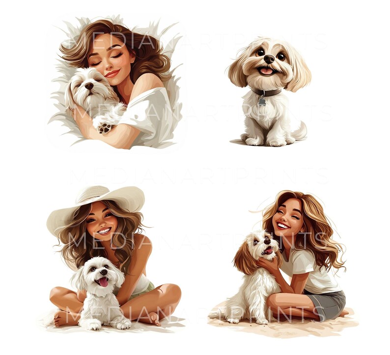 Puede incluir: Cuatro ilustraciones de mujeres con sus perros. La primera imagen muestra a una mujer con cabello largo y casta&ntilde;o durmiendo con su perro blanco. La segunda imagen muestra a un perro blanco sentado con la lengua afuera. La tercera imagen muestra a una mujer con cabello largo y casta&ntilde;o usando un sombrero blanco y un top blanco sin mangas sentada con su perro blanco. La cuarta imagen muestra a una mujer con cabello largo y casta&ntilde;o usando una camiseta blanca sentada con su perro blanco.