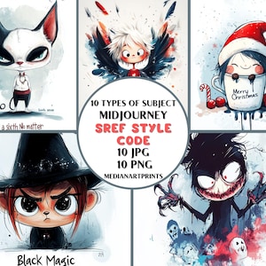 May include: A digital art collage of 10 different cartoon characters in various styles. The characters are all in a cartoon style and have a variety of expressions. The text "10 TYPES OF SUBJECT MIDJOURNEY SREF STYLE CODE 10 JPG 10 PNG MEDIANARTPRINTS" is at the center of the collage.