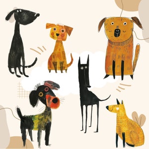 Puede incluir: Una ilustraci&oacute;n digital de seis perros en varias poses y colores. Los perros est&aacute;n dibujados en un estilo de dibujos animados con l&iacute;neas simples y colores brillantes. Los perros son de diferentes razas y tama&ntilde;os.