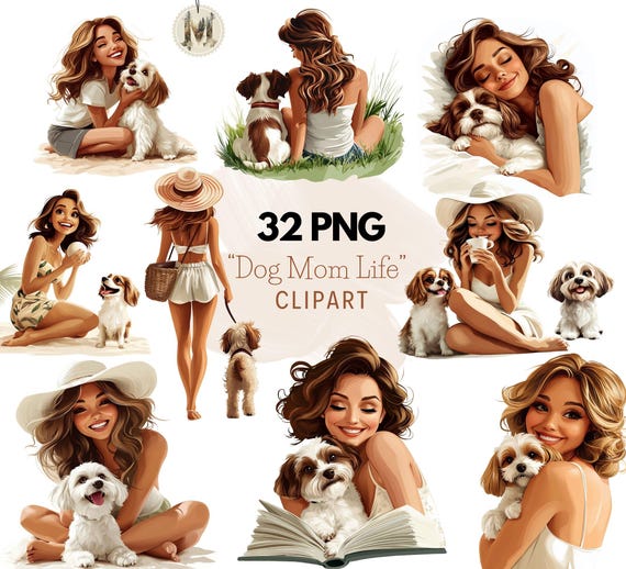 Dog Mom Life Clipart: 32 Whimsical Canine PNGs (Digital Download)