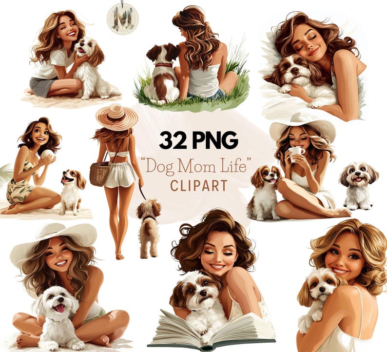 Puede incluir: Un conjunto de ilustraciones digitales de 32 im&aacute;genes PNG que muestran mujeres con sus perros. Las im&aacute;genes son de estilo de dibujos animados y presentan varias poses y escenarios. El texto "32 PNG" y "Dog Mom Life" CLIPART est&aacute; incluido en la imagen.