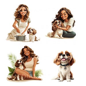 Puede incluir: Cuatro ilustraciones de mujeres con sus perros Cavalier King Charles Spaniel. La primera imagen muestra a una mujer con un delantal blanco cocinando para su perro. La segunda imagen muestra a una mujer sentada en el suelo con su perro. La tercera imagen muestra a una mujer sentada en el suelo con su perro. La cuarta imagen muestra a un perro Cavalier King Charles Spaniel sentado y mirando hacia arriba.
