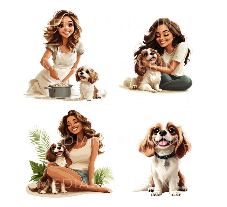 Puede incluir: Cuatro ilustraciones de mujeres con sus perros Cavalier King Charles Spaniel. La primera imagen muestra a una mujer con un delantal blanco cocinando para su perro. La segunda imagen muestra a una mujer sentada en el suelo con su perro. La tercera imagen muestra a una mujer sentada en el suelo con su perro. La cuarta imagen muestra a un perro Cavalier King Charles Spaniel sentado y mirando hacia arriba.