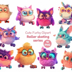 Może przedstawiać: Dziesięć kolorowych postaci kresk&oacute;wkowych Furby'ego na rolkach. Każdy Furby ma inny kolor i wz&oacute;r. Wszystkie Furbies noszą okulary i mają słodki, zabawny wyraz twarzy.