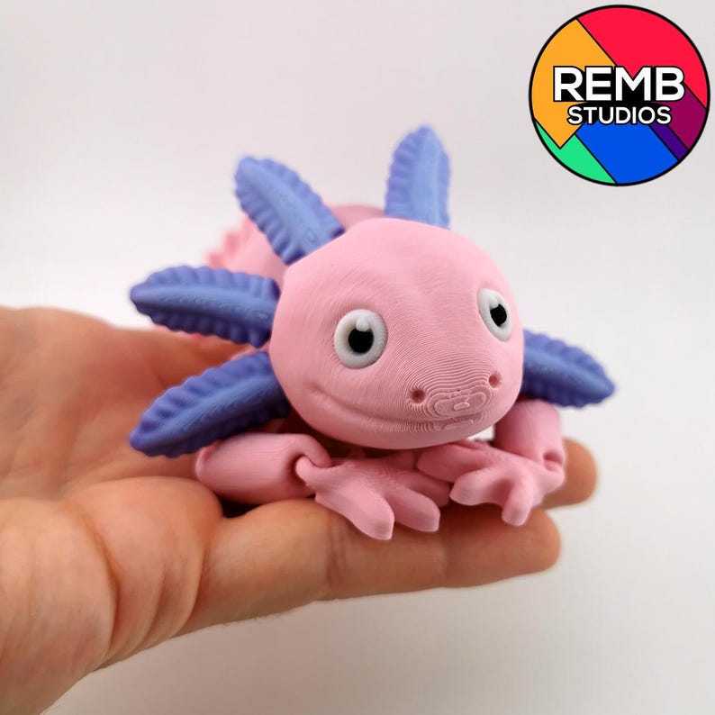 May include: A pink and blue axolotl figurine with a smiling face and detailed gills. The figurine is held in a hand. The logo for REMB STUDIOS is in the upper right corner.