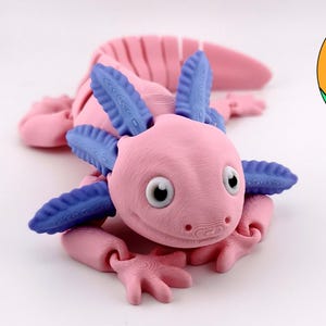 May include: A pink and blue axolotl figurine with articulated limbs and gills. The figurine has large, round eyes and is lying on a white surface. The REMB STUDIOS logo is in the background.