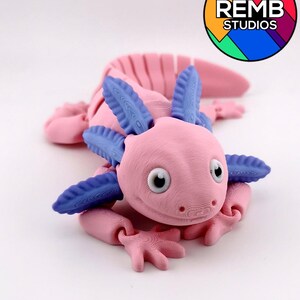 May include: A pink axolotl figurine with blue gills and limbs. The figurine has a detailed, textured surface and large, round eyes. The REMB STUDIOS logo is in the upper right corner.