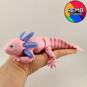 May include: A pink articulated axolotl toy with blue gills and limbs. The toy is held in a hand and has a segmented body and a tail. The axolotl has a detailed face with a small eye and is made of plastic.