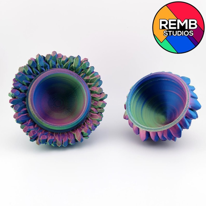 May include: Two iridescent, 3D-printed bowls with a textured, crystal-like rim. The bowls have a vibrant color gradient of blues, greens, and purples. The bowls are set against a white background. The logo for REMB STUDIOS is in the upper right corner.