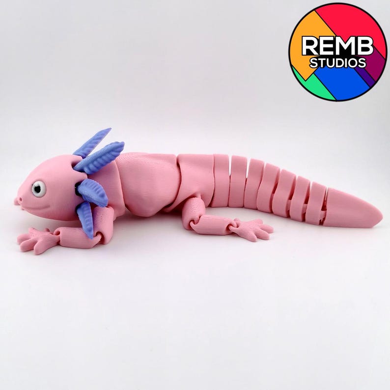 May include: A pink articulated axolotl toy with blue gills and limbs. The toy is segmented, allowing for flexible movement. The axolotl is lying down on a white surface. The REMB STUDIOS logo is in the upper right corner.