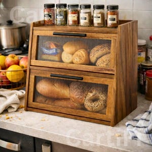 Double Layer Acacia Wood Bread Box for Kitchen Countertop | Farmhouse Bread Box | Food Storage | Kitchen Decor | Bread Bin | Kitchen Storage