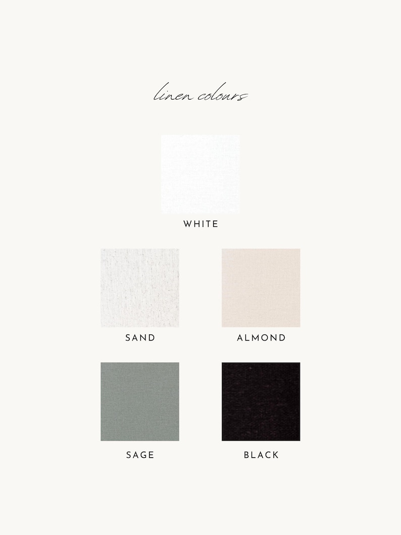 a color swatch with five different fabric colors: white, sand, almond, black, and sage.