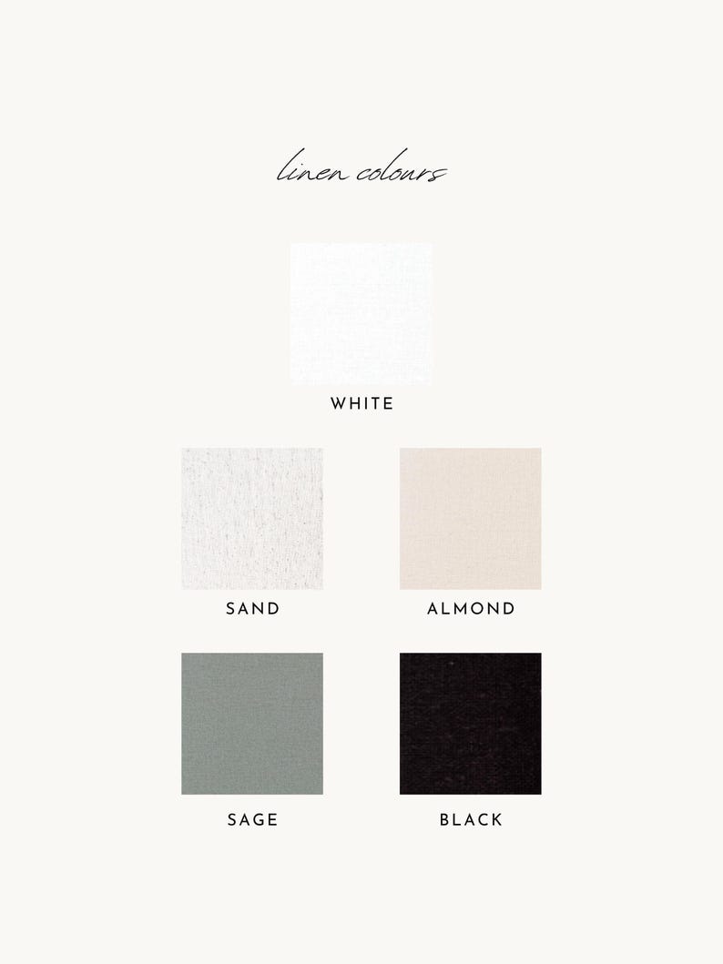 a color swatch with five different fabric colors: white, sand, almond, black, and sage.