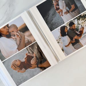 A photo album containing a collection of images depicting a family, including a baby, a couple, and other family members.