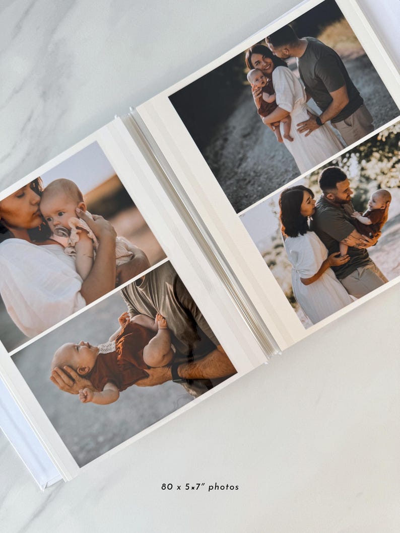 A photo album containing a collection of images depicting a family, including a baby, a couple, and other family members.