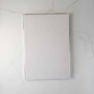 Può includere: Una carta o foglio rettangolare bianco e vuoto, racchiuso in una custodia protettiva in plastica trasparente. L'oggetto presenta una superficie liscia e opaca con bordi netti e puliti, offrendo un aspetto neutro e uniforme per vari usi.