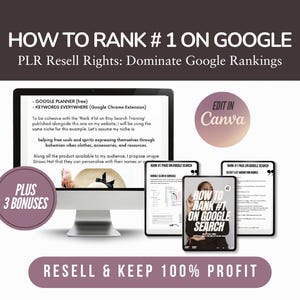 May include: A digital marketing product image with the text "HOW TO RANK #1 ON GOOGLE". The image includes a computer screen, tablets, and a book, all displaying information about Google search optimization. The image also includes the text "RESELL & KEEP 100% PROFIT".