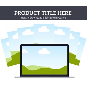 May include: A laptop computer with a screen displaying a landscape scene of green hills and blue sky with white clouds. The laptop is surrounded by several digital images of the same landscape scene.