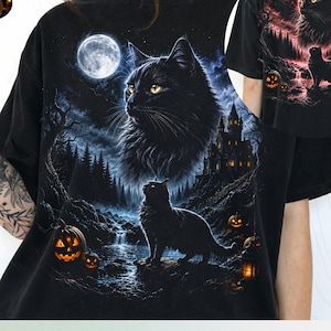 Black Cat Howling at Moon 90's Tshirt Halloween Lover Retro Gothic Black Cat Halloween Dark Fantasy Spooky Night PNG file-Digital Download