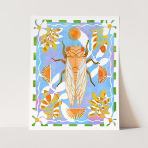May include: A colorful illustration of a cicada insect with orange and white wings, surrounded by stylized floral and geometric patterns in shades of yellow, orange, and green on a blue background.