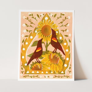 May include: A digital illustration of two red-winged blackbirds perched on a sunflower with a peach background. The birds are facing each other and have red wings and black bodies. The sunflower is yellow with brown seeds. The background is a peach color with white flowers and green leaves.