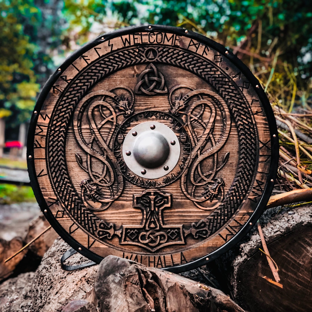 Medieval Shield, Carved Norse Runes, Jörmungandr Ornaments. Valhalla ...