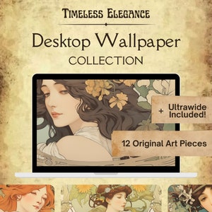Pode incluir: Um computador portátil que exibe uma coleção de 12 peças de arte originais com mulheres com acentos florais. O texto "Timeless Elegance Desktop Wallpaper Collection" é exibido acima do laptop. O texto "Ultrawide Included!" e "12 Original Art Pieces" é exibido na tela do laptop.